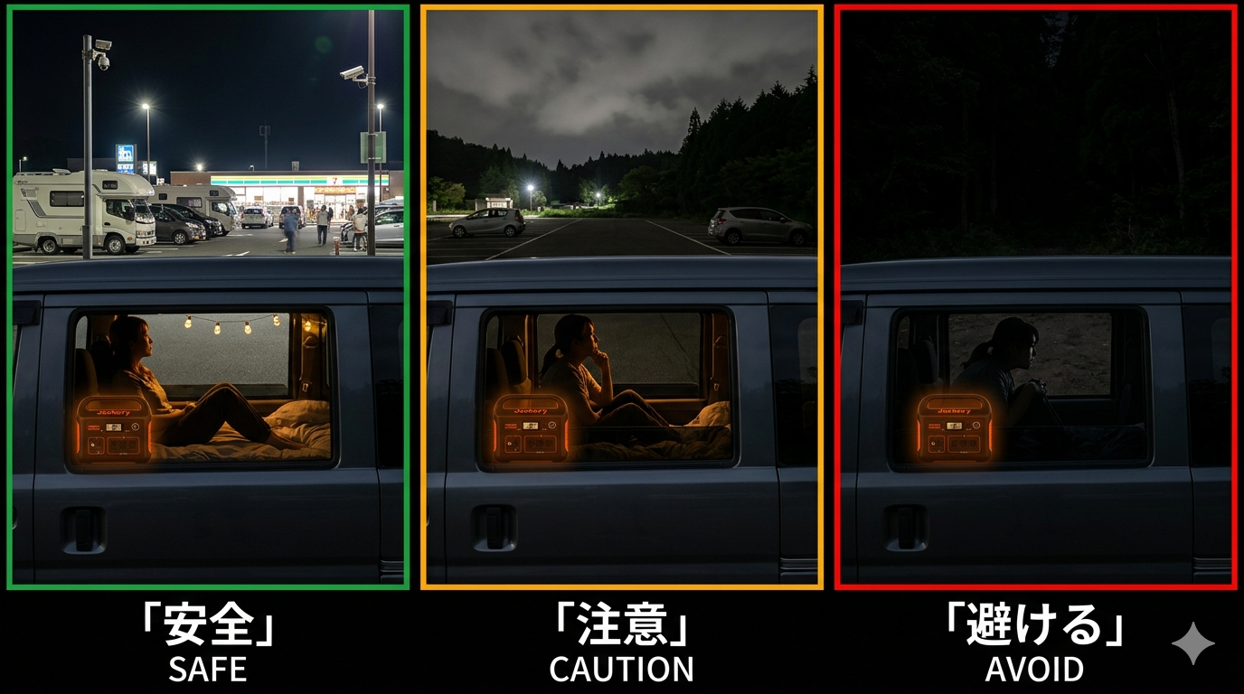 女性ソロ車中泊の安全な場所選びガイド。安全(道の駅)・注意(山間部)・避ける(孤立した暗い場所)の3段階比較