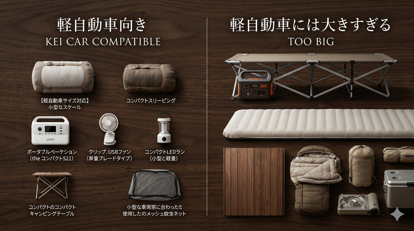 軽自動車向き装備(左)と大きすぎる装備(右)の比較。コンパクトAnker・小型マット・USB扇風機vs大型Jackery・コット・大型テーブル