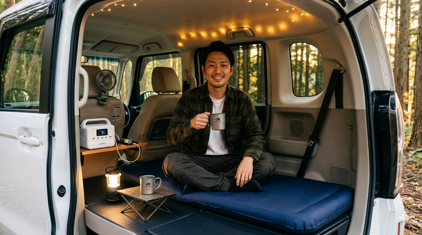 N-BOXで車中泊する男性がWAQマグを持ちAnker電源を使う。後部座席フラット展開の快適さに驚いた表情