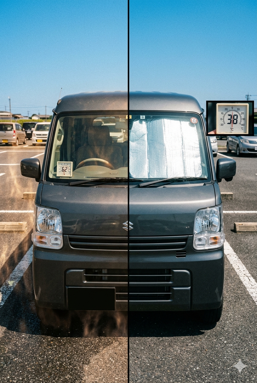 サンシェードあり(38℃)vsなし(62℃)の車内温度比較。銀色の遮光サンシェードが夏の車中泊で28℃の温度差を生む