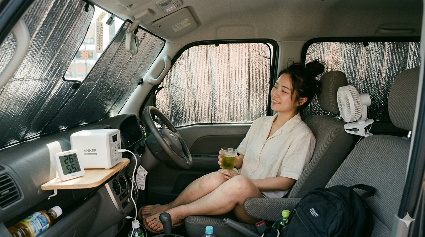 全窓サンシェードで26℃の快適な車内でくつろぐ女性。外は猛暑、中は快適。Anker電源でUSB扇風機が回る