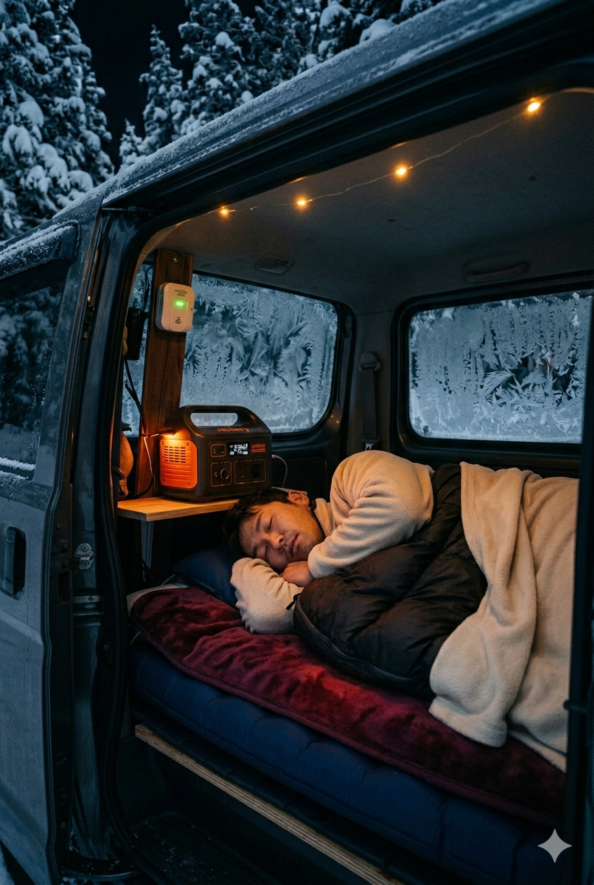 午前2時34分-12℃の雪山車中泊、電気毛布・寝袋・フリースの3層で熟睡。Jackery58%、一酸化炭素チェッカー緑表示