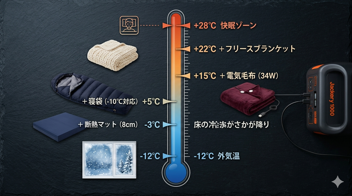 防寒レイヤーの温度効果を示す温度計図。外気-12℃→断熱マット-3℃→寝袋+5℃→電気毛布+15℃→フリース+22℃→快眠ゾーン+28℃