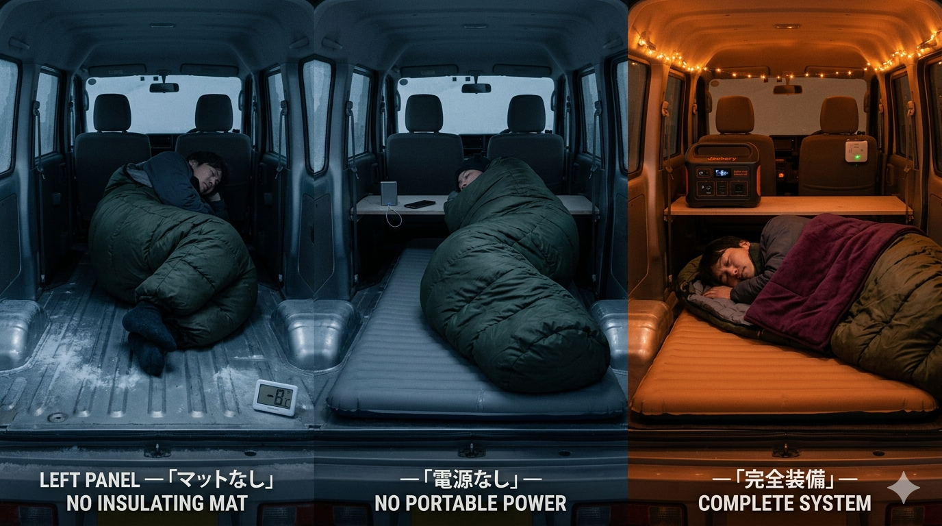 防寒失敗の3パターン比較。マットなしで床冷え・電源なしで電気毛布不可・完全装備で熟睡のトリプティク