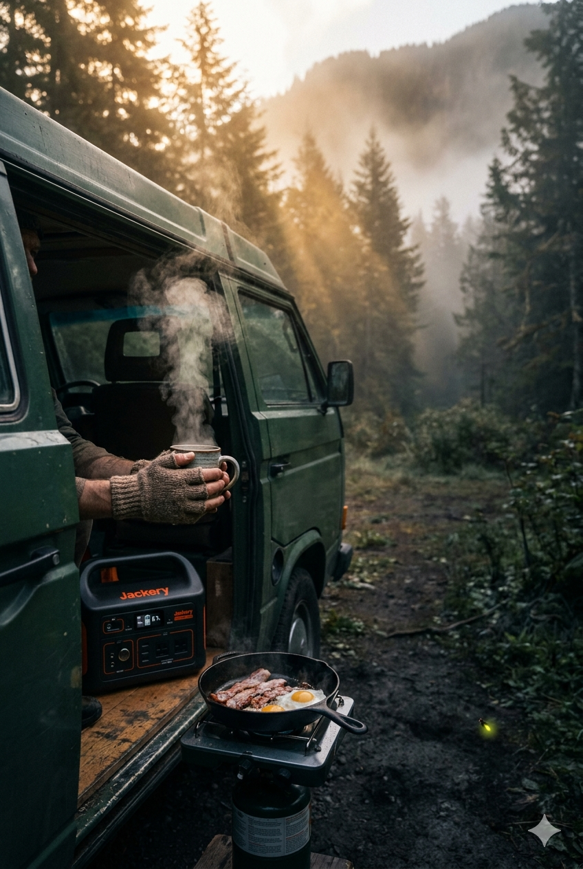 早朝の森の中で車中泊しながら朝食を作るシーン。Jackery 1000 Newとシングルバーナー、鉄フライパンで bacon and eggsを調理中