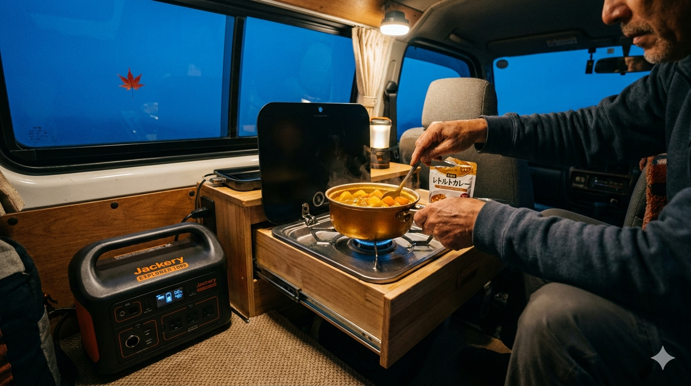 バンの中でシングルバーナーを使ってカレーを調理するシーン。ブルーアワーの光が窓越しに差し込む