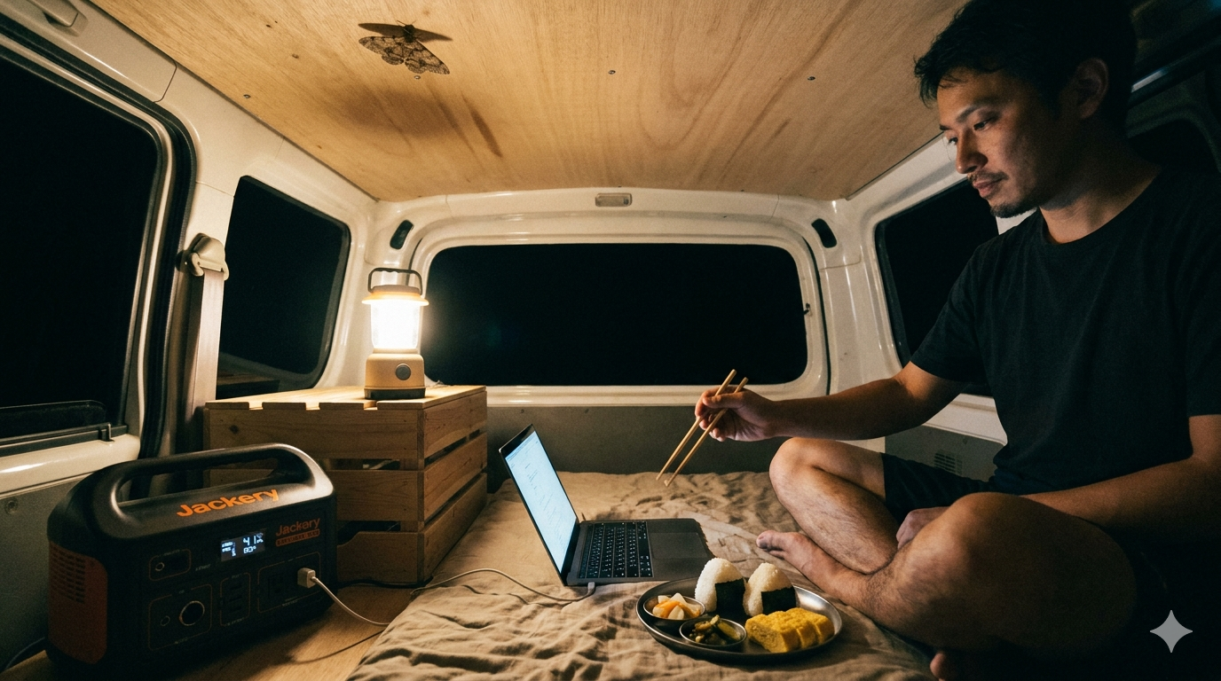 夜の車内でチタンプレートに盛られたおにぎり・卵焼き・漬物の食事。Jackery 1000 Newが電力を供給しながら静かに光る