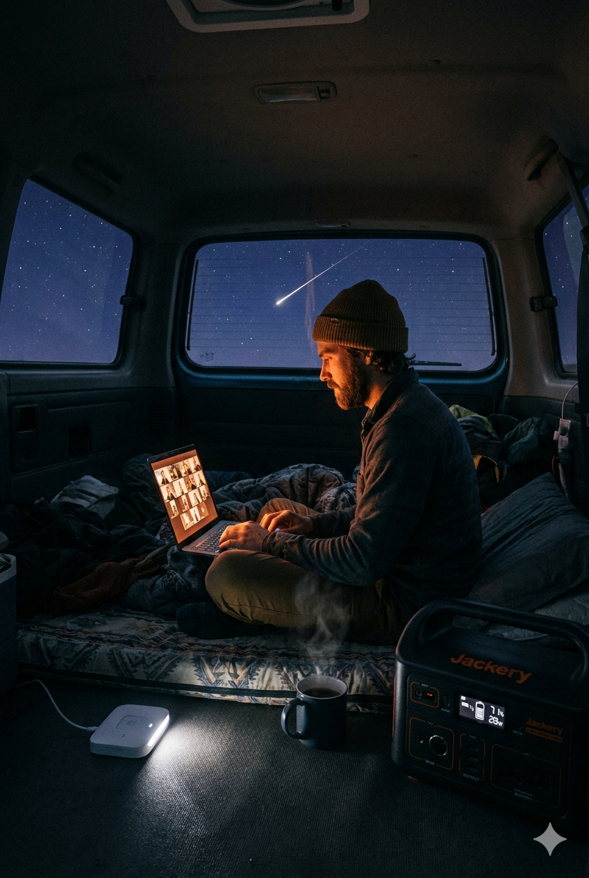 夜の車内でノートパソコンでビデオ通話をしながらポケットWi-Fiを使う車中泊シーン。Jackery 1000 Newが電力を供給