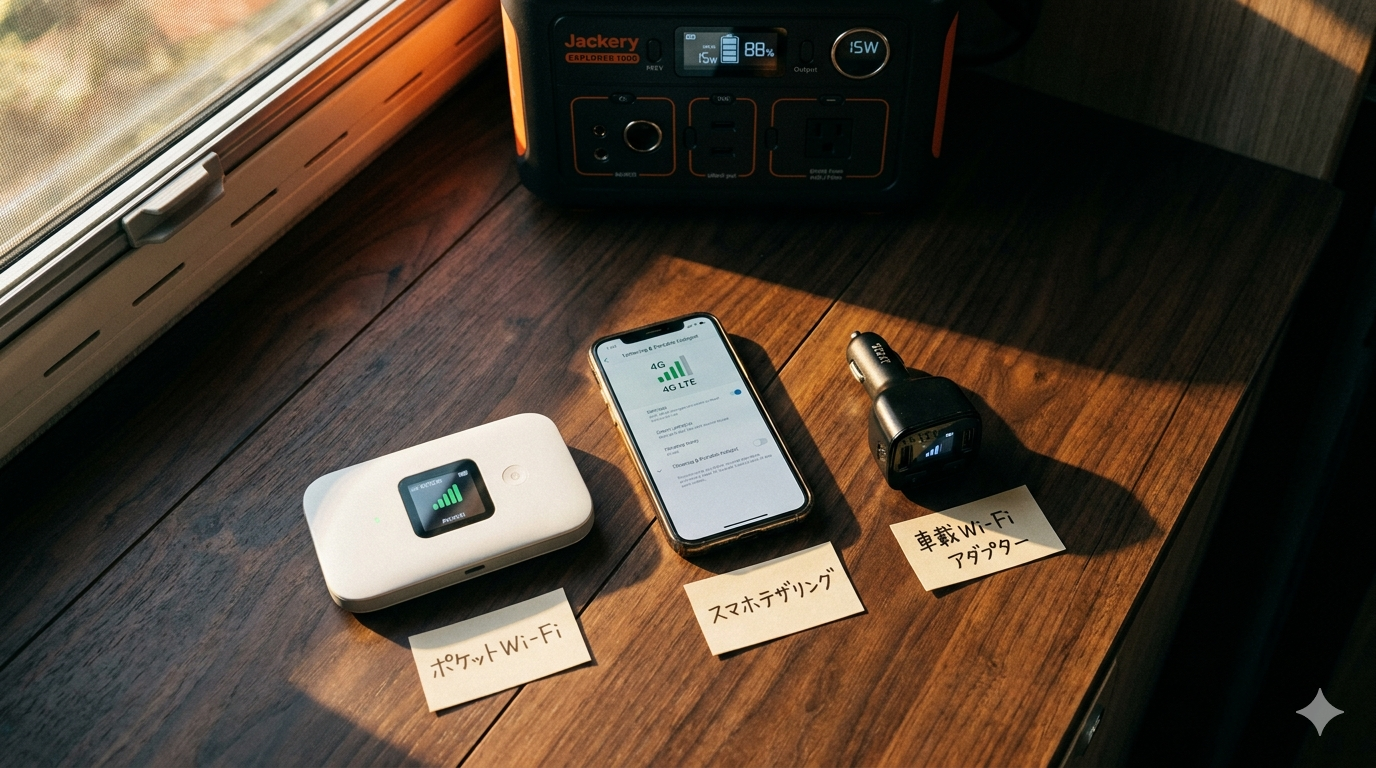ポケットWi-Fi・スマホテザリング・車載ルーターの3種類を並べた比較フラットレイ。それぞれの特徴が一目でわかる