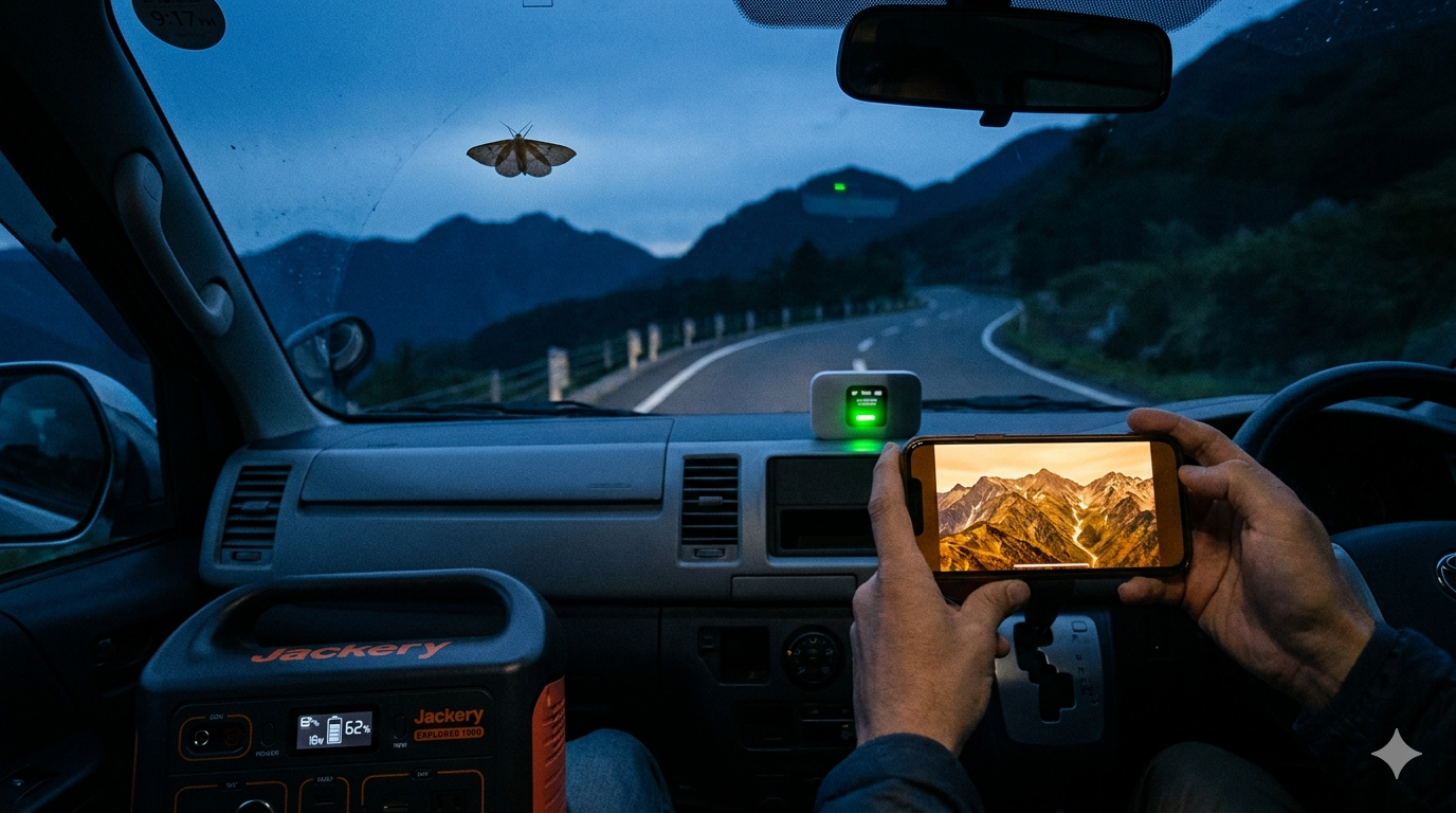 電波が届かない山間部の駐車場でもポケットWi-Fiで動画をストリーミング視聴している車中泊シーン