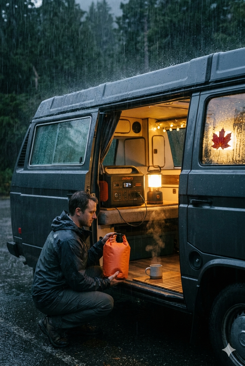 土砂降りの雨の中、車中泊の車内にオレンジ色の防水ドライバッグを運び入れるシーン。荷物は完全に乾いたまま