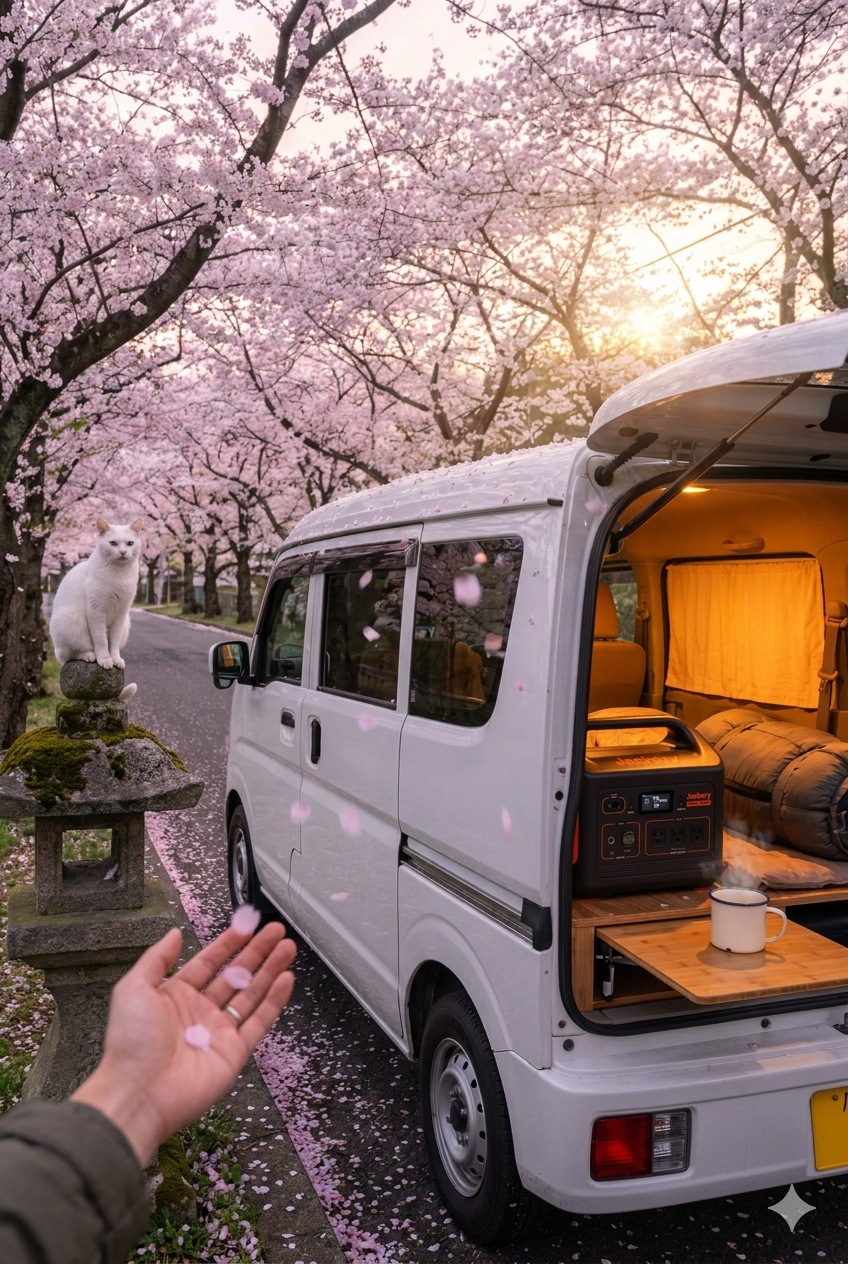桜並木の下に停まる車中泊の車、早朝の静かな風景