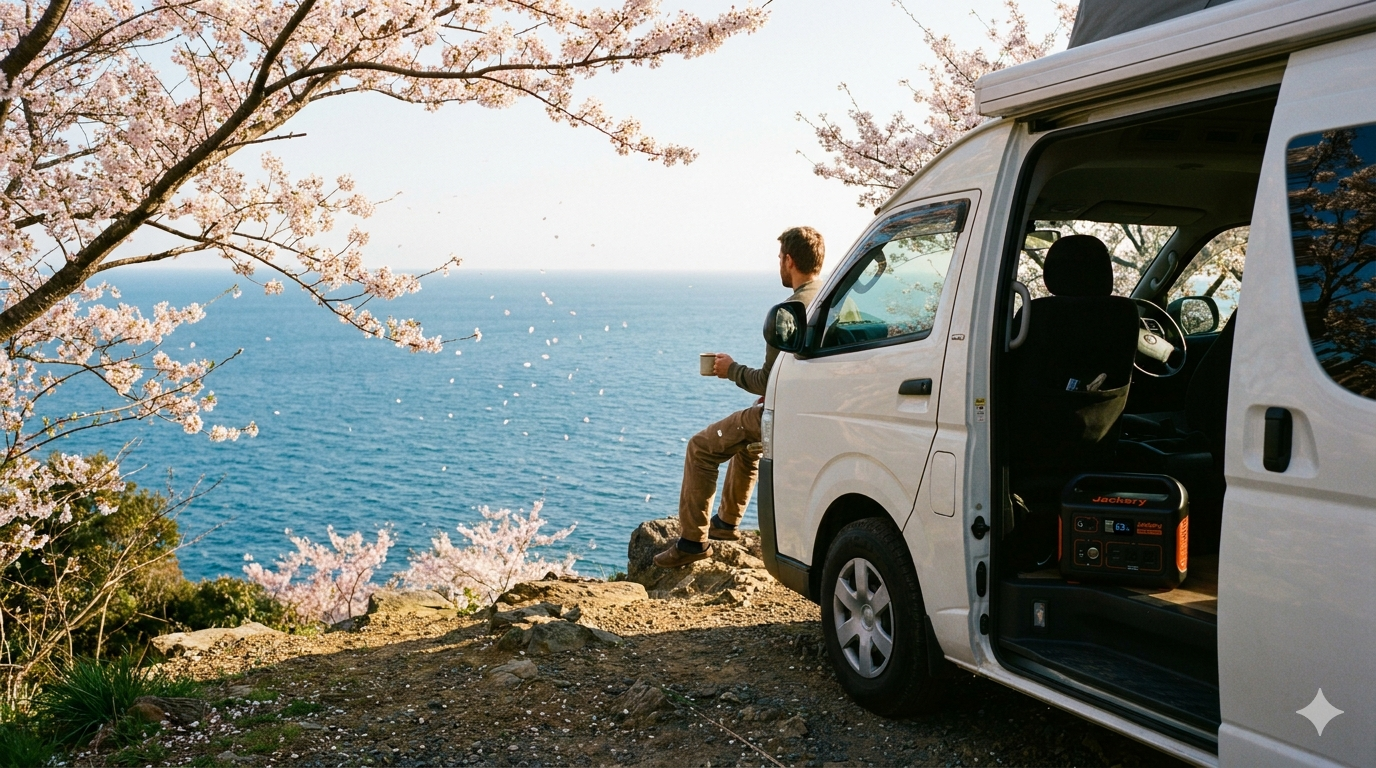 海岸の断崖絶壁に咲く桜と車中泊の車、春の海の絶景
