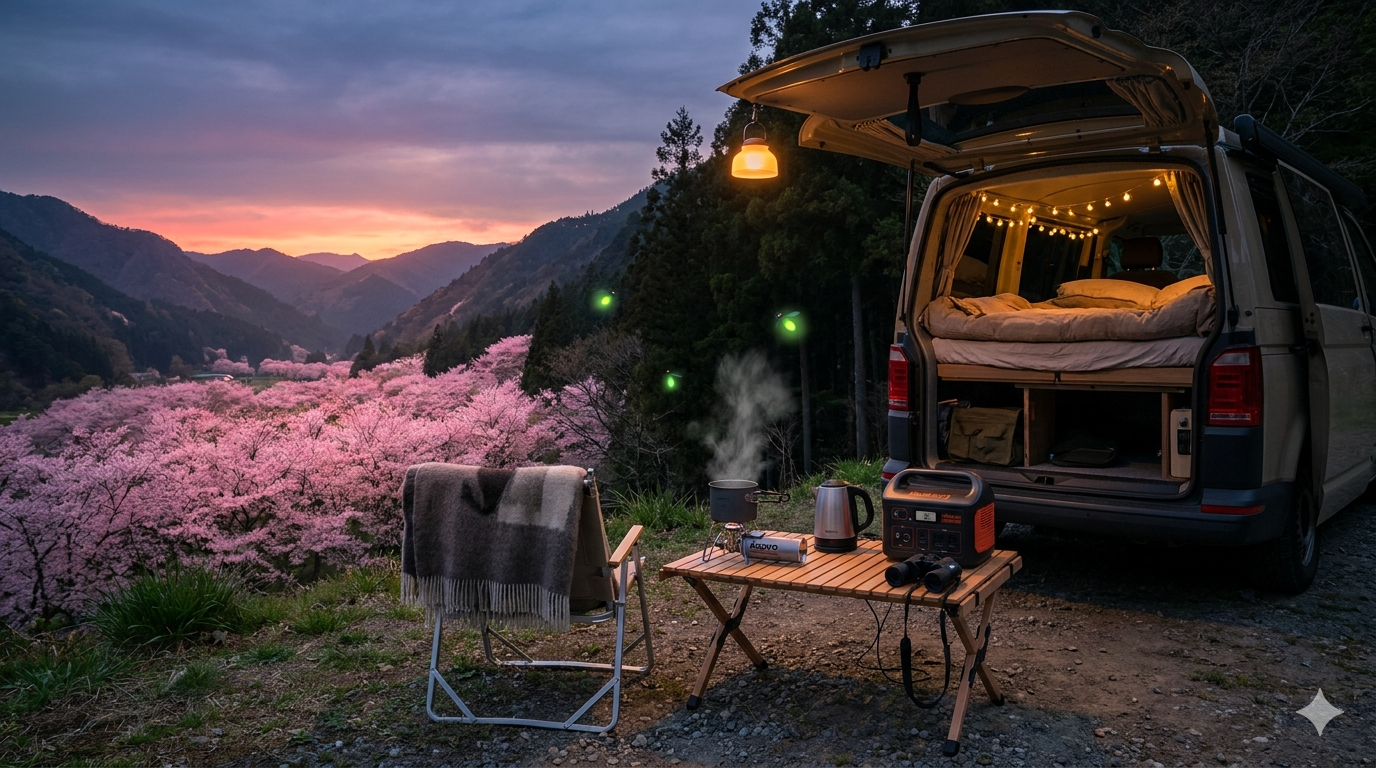 春の山間に桜と蛍が輝く夕暮れの車中泊風景