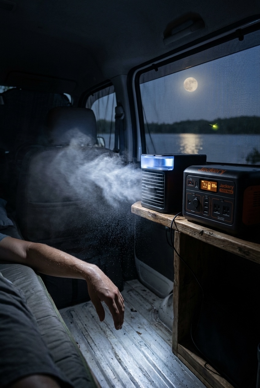 真夏の車中泊でポータブルクーラーとJackeryを使って涼しく眠る様子