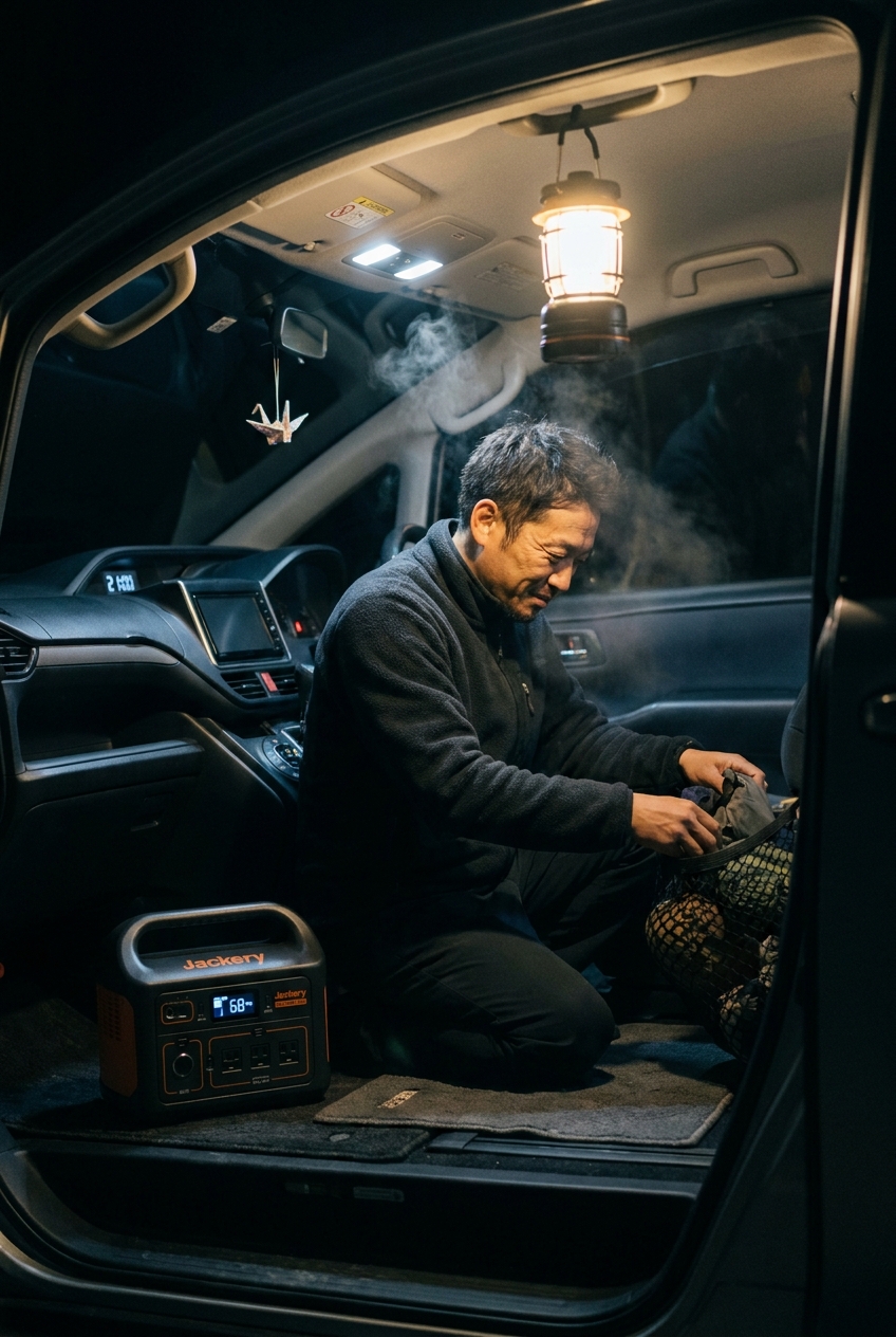 夜21時の車内でデッドスペース収納を整理するタクミ、Jackeryポータブル電源が柔らかく光る車中泊シーン